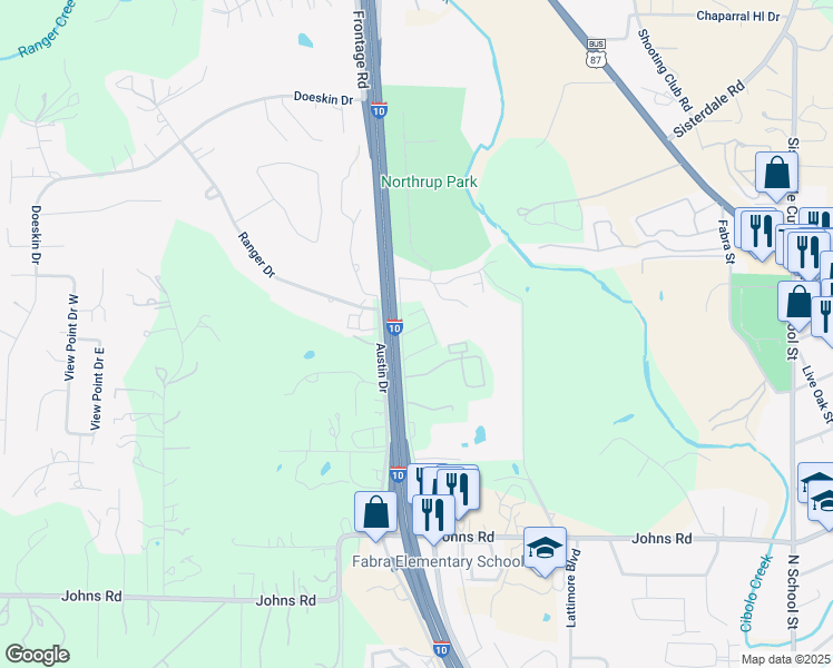 map of restaurants, bars, coffee shops, grocery stores, and more near 38400A Interstate 10 West Frontage Road in Boerne
