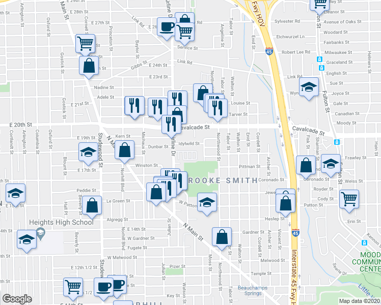 map of restaurants, bars, coffee shops, grocery stores, and more near 1723 Redwing Haven Drive in Houston