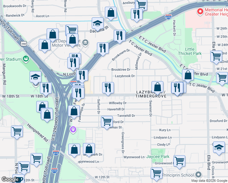 map of restaurants, bars, coffee shops, grocery stores, and more near 1806 Mill Creek Drive in Houston