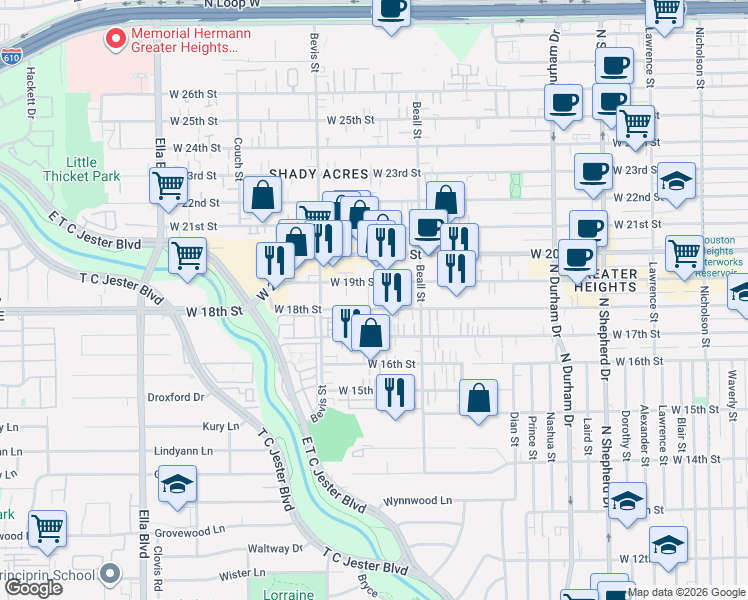 map of restaurants, bars, coffee shops, grocery stores, and more near 1133 West 18th Street in Houston