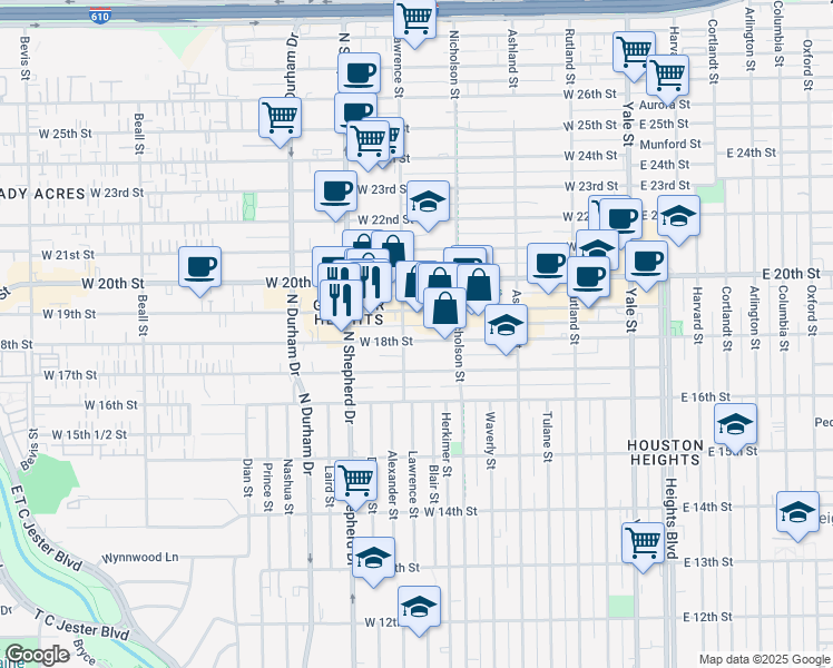 map of restaurants, bars, coffee shops, grocery stores, and more near 539 West 18th Street in Houston