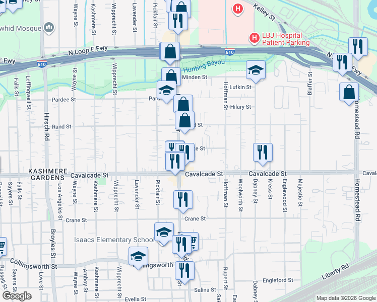 map of restaurants, bars, coffee shops, grocery stores, and more near 5414 Bunte Street in Houston