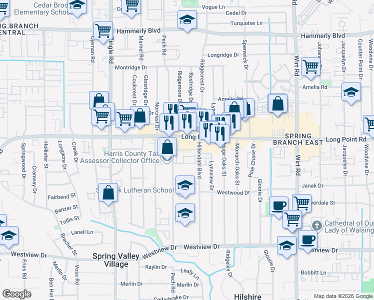 map of restaurants, bars, coffee shops, grocery stores, and more near 8327 Ginger Oak Street in Houston