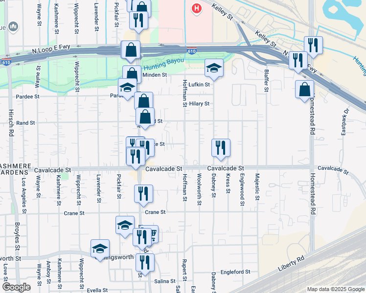 map of restaurants, bars, coffee shops, grocery stores, and more near 5538 Bunte Street in Houston