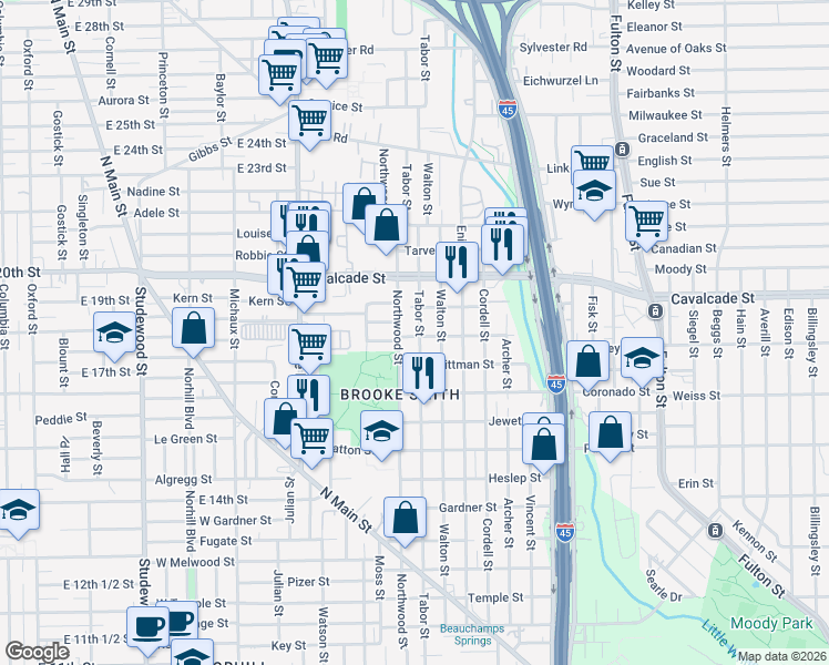 map of restaurants, bars, coffee shops, grocery stores, and more near 1201 Tabor Street in Houston