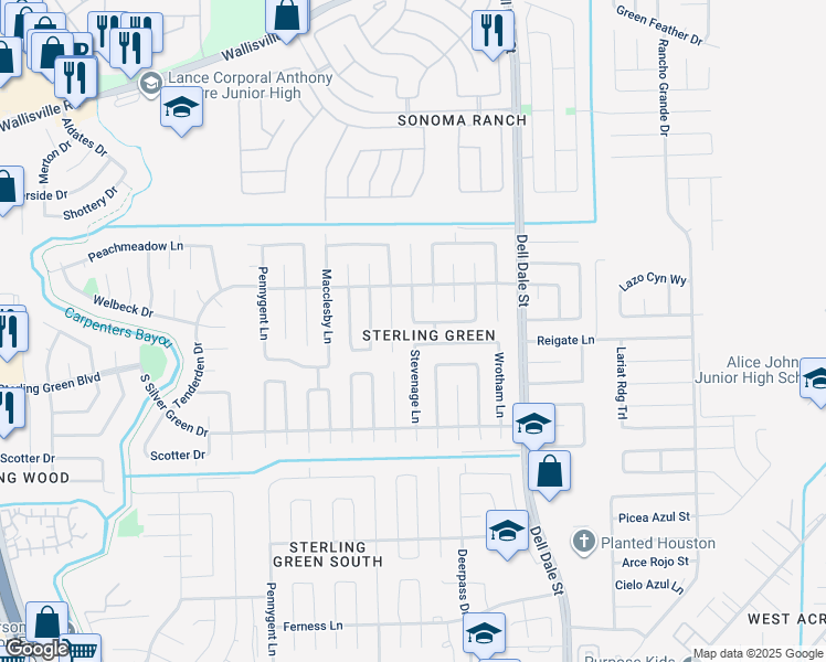 map of restaurants, bars, coffee shops, grocery stores, and more near 15202 Bedford Glen Drive in Channelview