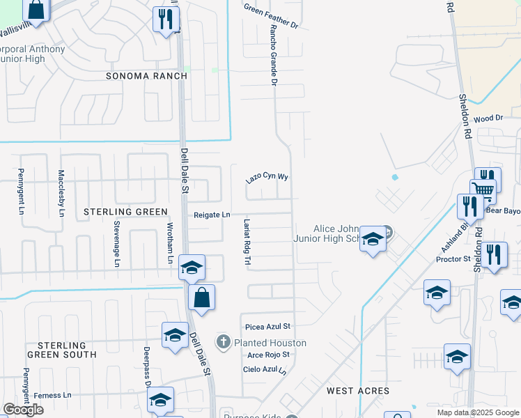 map of restaurants, bars, coffee shops, grocery stores, and more near 15423 Reigate Lane in Channelview
