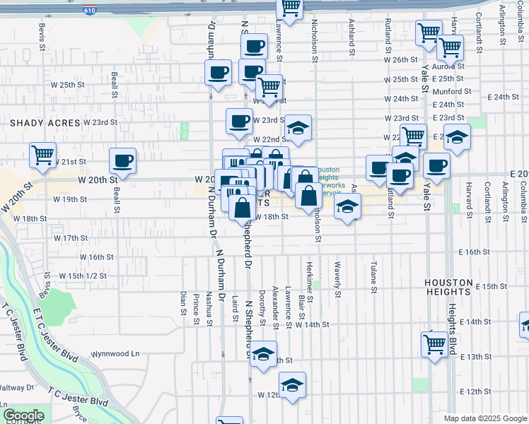 map of restaurants, bars, coffee shops, grocery stores, and more near 625 West 18th Street in Houston