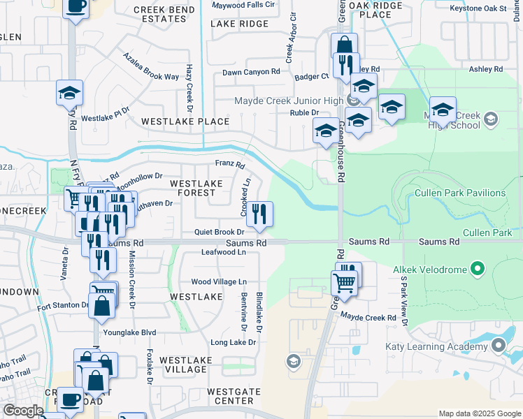 map of restaurants, bars, coffee shops, grocery stores, and more near 2338 Shady Brook Drive in Houston