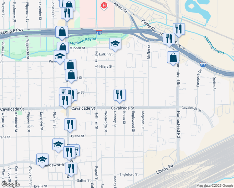 map of restaurants, bars, coffee shops, grocery stores, and more near 4522 Dabney Street in Houston