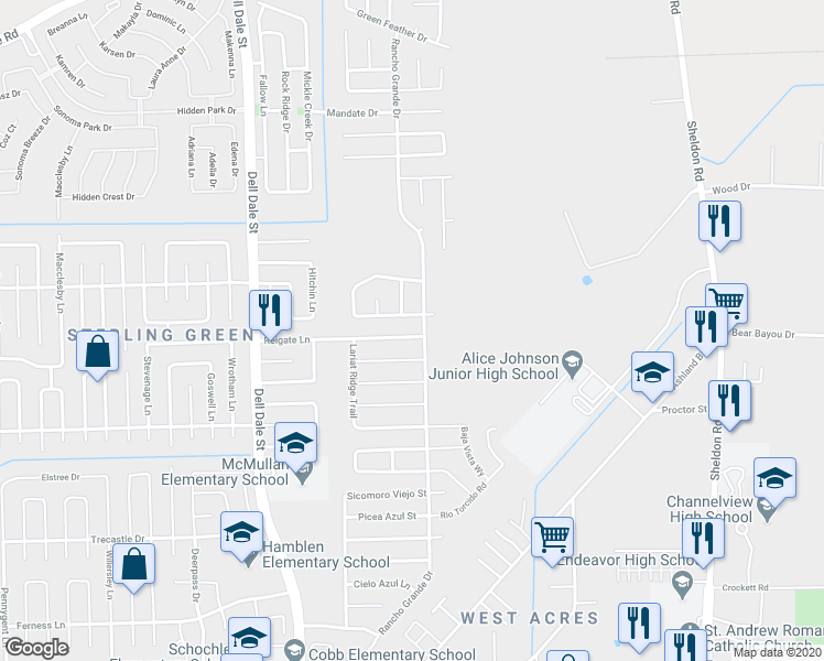 map of restaurants, bars, coffee shops, grocery stores, and more near 15463 Reigate Lane in Channelview