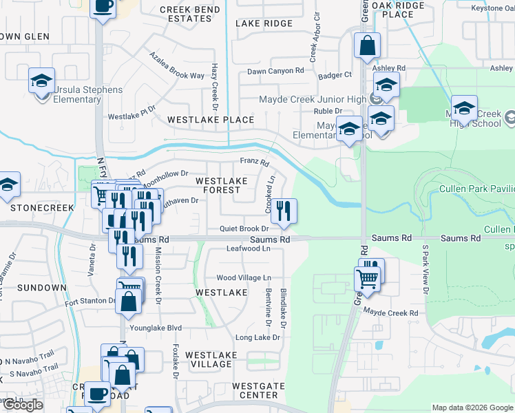 map of restaurants, bars, coffee shops, grocery stores, and more near 19403 Southaven Drive in Houston