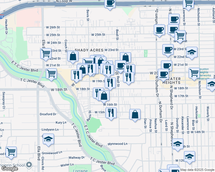 map of restaurants, bars, coffee shops, grocery stores, and more near 1133 West 18th Street in Houston