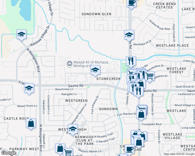 map of restaurants, bars, coffee shops, grocery stores, and more near 20100 Saums Road in Katy