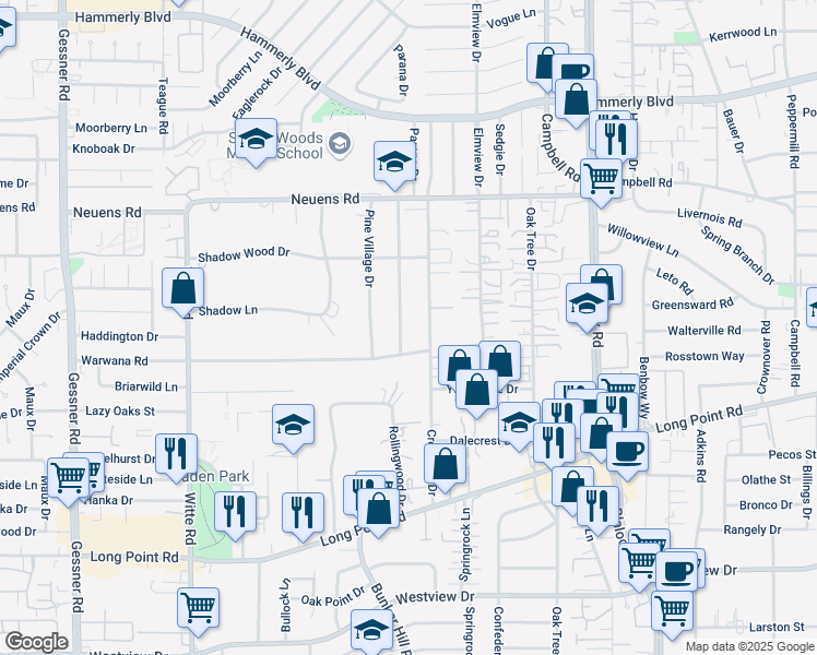 map of restaurants, bars, coffee shops, grocery stores, and more near 1713 Parana Drive in Houston