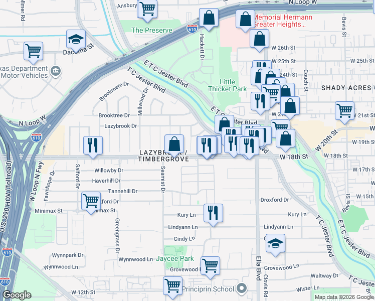 map of restaurants, bars, coffee shops, grocery stores, and more near 1807 Seaspray Ct in Houston