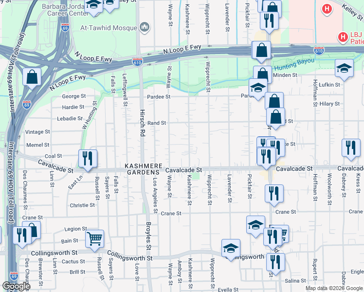 map of restaurants, bars, coffee shops, grocery stores, and more near 4521 Kashmere Street in Houston
