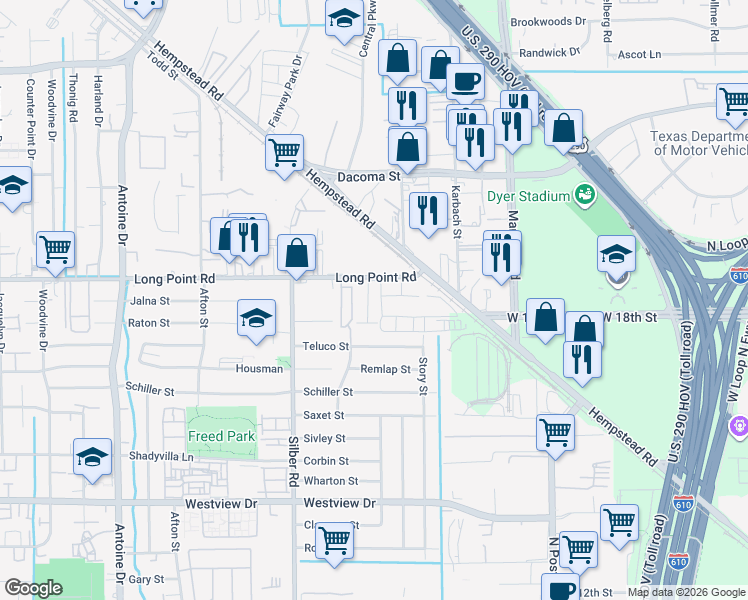 map of restaurants, bars, coffee shops, grocery stores, and more near 1718 Hafner Drive in Houston