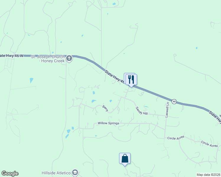 map of restaurants, bars, coffee shops, grocery stores, and more near 1590 Sandy Hill in Bulverde