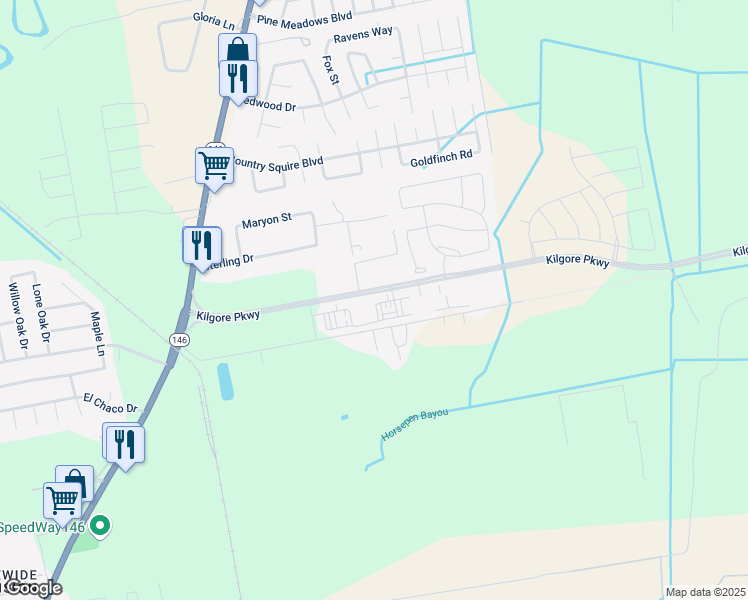 map of restaurants, bars, coffee shops, grocery stores, and more near 1900 Kilgore Parkway in Baytown
