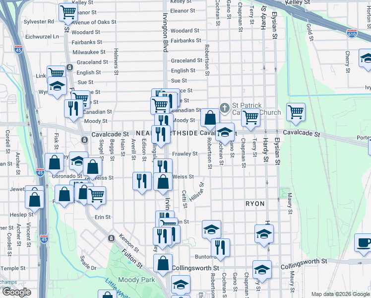 map of restaurants, bars, coffee shops, grocery stores, and more near 4607 Cetti Street in Houston