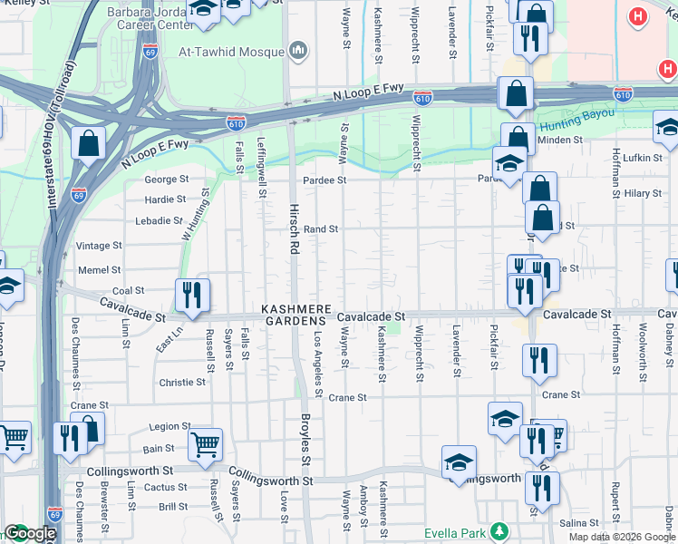 map of restaurants, bars, coffee shops, grocery stores, and more near 4523 Wayne Street in Houston