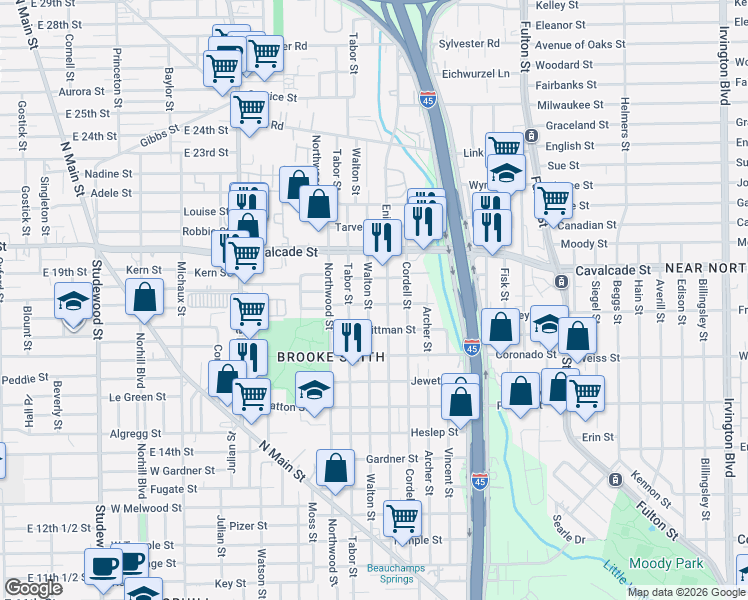 map of restaurants, bars, coffee shops, grocery stores, and more near 906 Mathis Street in Houston