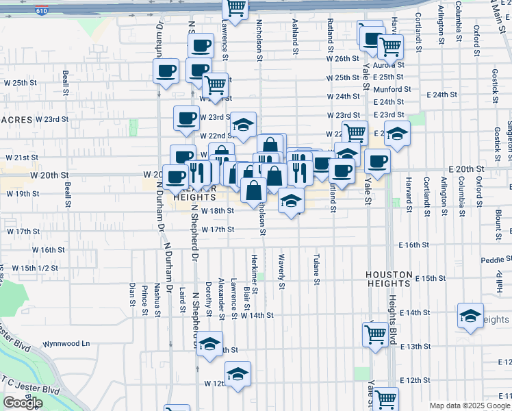 map of restaurants, bars, coffee shops, grocery stores, and more near 505 West 18th Street in Houston