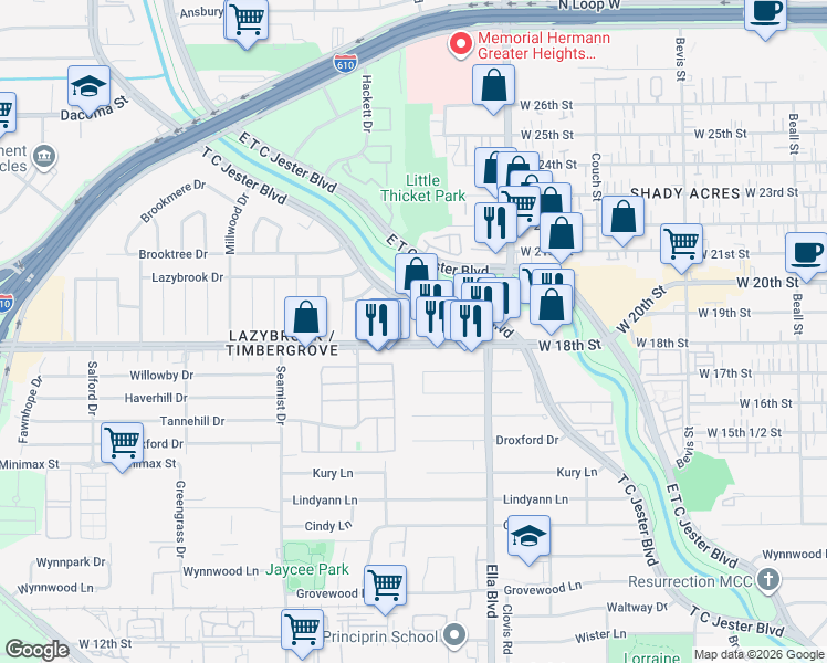 map of restaurants, bars, coffee shops, grocery stores, and more near 1967 West T C Jester Boulevard in Houston