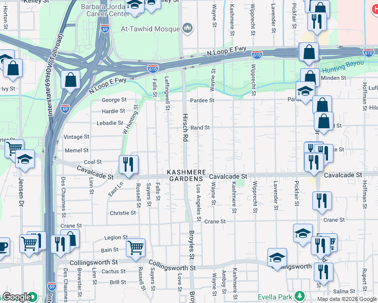 map of restaurants, bars, coffee shops, grocery stores, and more near 4512 Hirsch Rd in Houston
