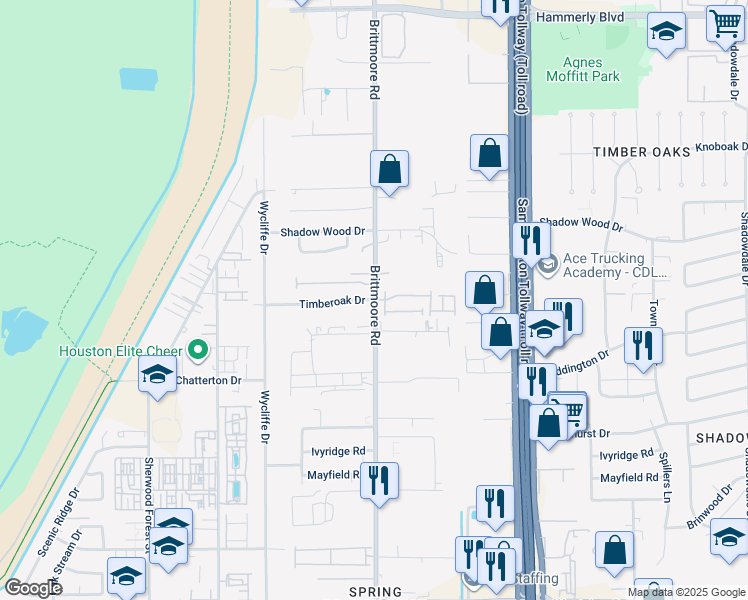 map of restaurants, bars, coffee shops, grocery stores, and more near 10300 Timberoak Drive in Houston