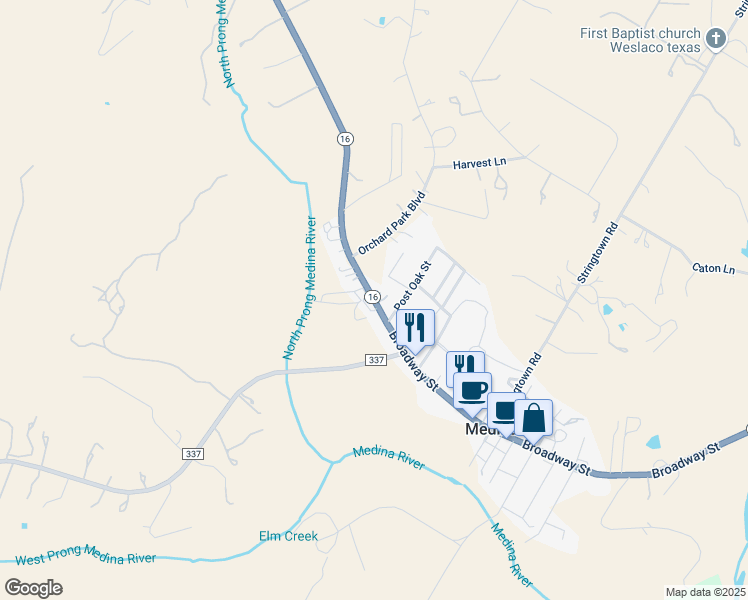 map of restaurants, bars, coffee shops, grocery stores, and more near Robertson Creek Road in Medina
