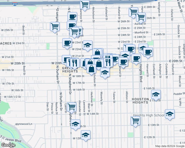 map of restaurants, bars, coffee shops, grocery stores, and more near 505 West 18th Street in Houston