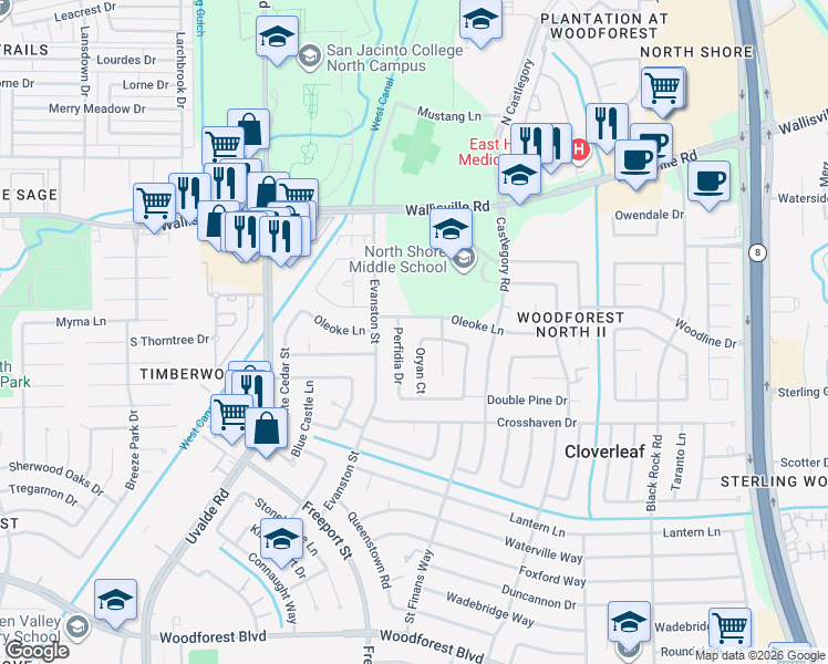 map of restaurants, bars, coffee shops, grocery stores, and more near 102 Oryan Court in Houston