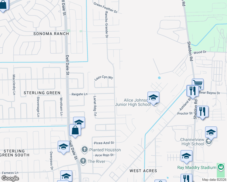 map of restaurants, bars, coffee shops, grocery stores, and more near 15463 Reigate Lane in Channelview