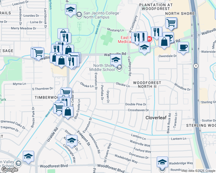 map of restaurants, bars, coffee shops, grocery stores, and more near 102 Oryan Court in Houston
