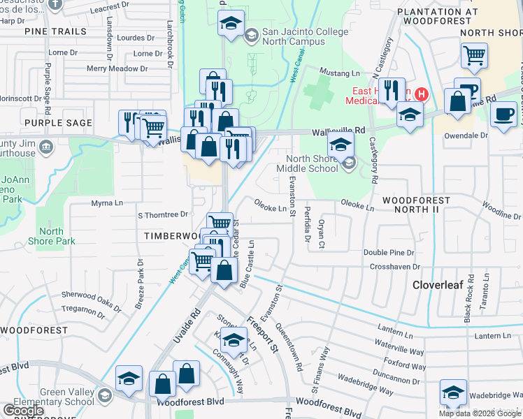 map of restaurants, bars, coffee shops, grocery stores, and more near 13706 Oleoke Lane in Houston