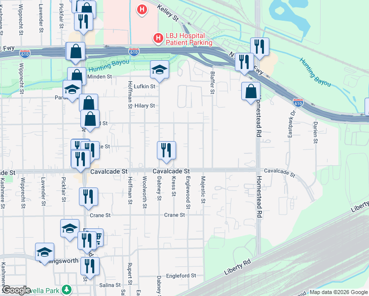 map of restaurants, bars, coffee shops, grocery stores, and more near 4521 Englewood Street in Houston