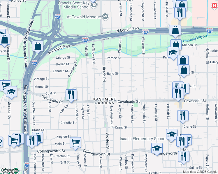 map of restaurants, bars, coffee shops, grocery stores, and more near 4512 Hirsch Road in Houston