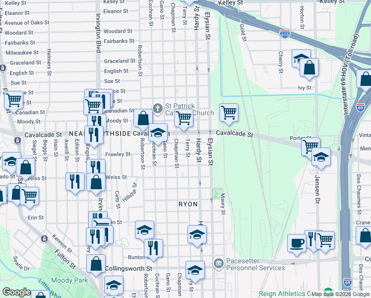 map of restaurants, bars, coffee shops, grocery stores, and more near 4605 Terry Street in Houston