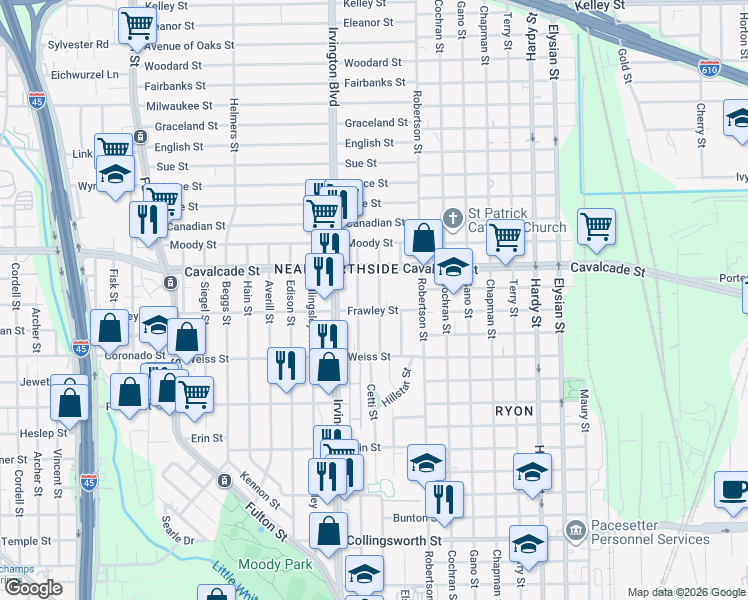 map of restaurants, bars, coffee shops, grocery stores, and more near 4607 Cetti Street in Houston