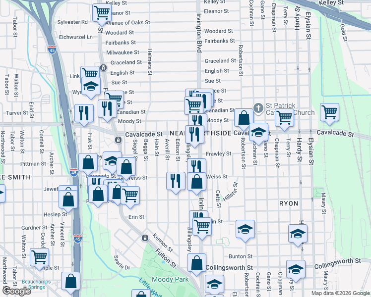 map of restaurants, bars, coffee shops, grocery stores, and more near 4607 Billingsley Street in Houston