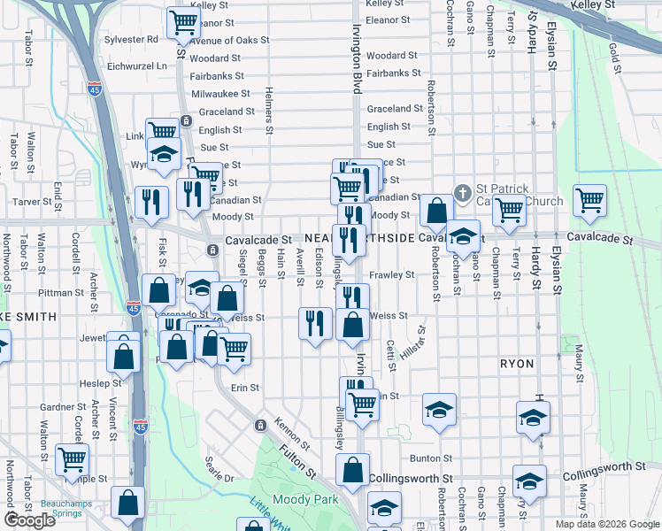 map of restaurants, bars, coffee shops, grocery stores, and more near 4607 Billingsley Street in Houston
