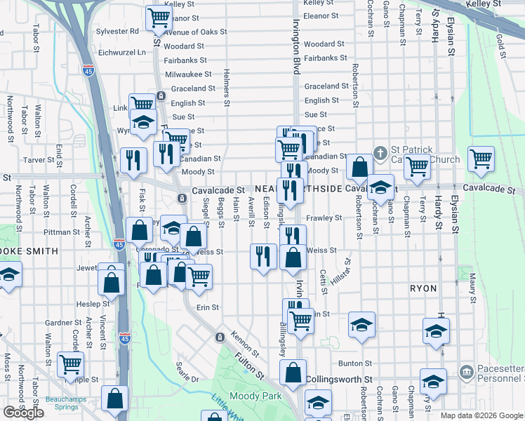 map of restaurants, bars, coffee shops, grocery stores, and more near 4607 Billingsley Street in Houston