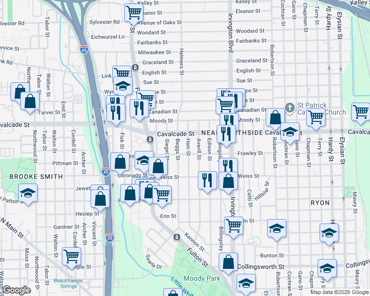 map of restaurants, bars, coffee shops, grocery stores, and more near 4604 Beggs Street in Houston