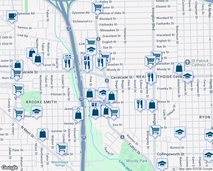 map of restaurants, bars, coffee shops, grocery stores, and more near in Houston