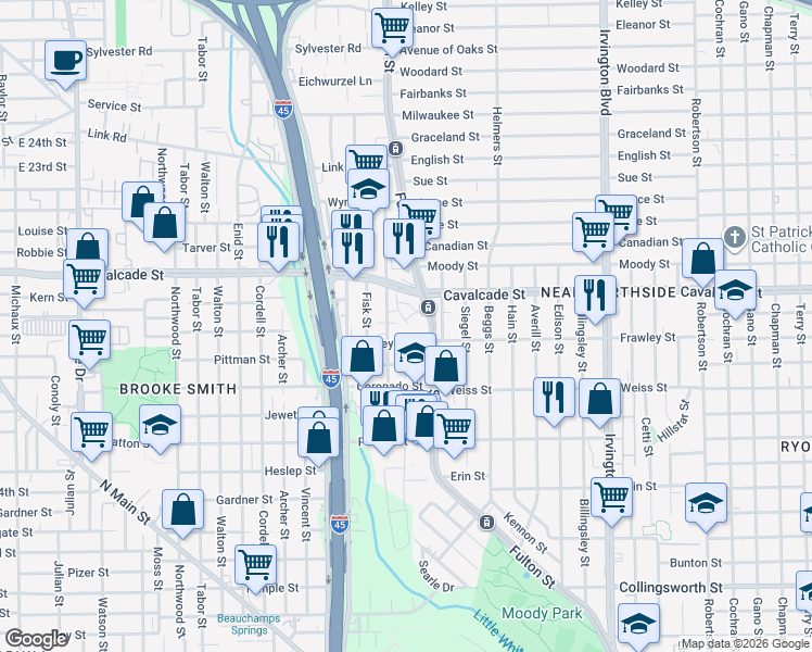 map of restaurants, bars, coffee shops, grocery stores, and more near in Houston
