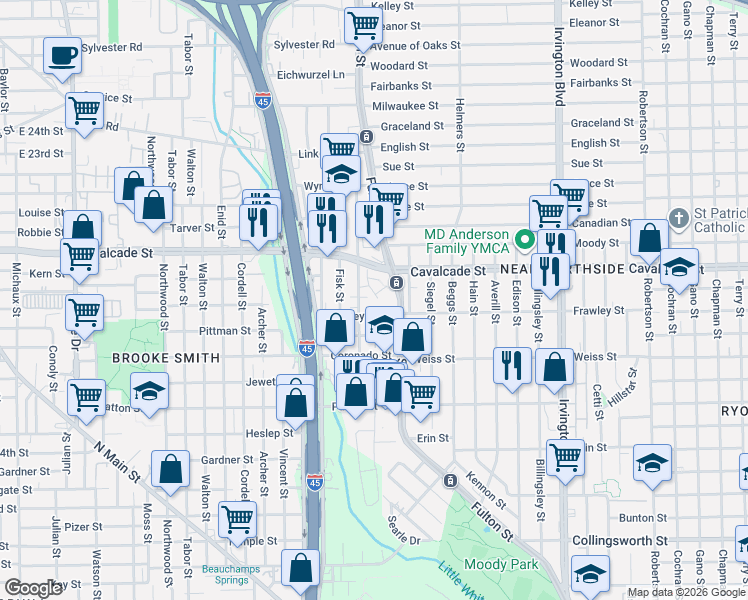 map of restaurants, bars, coffee shops, grocery stores, and more near in Houston