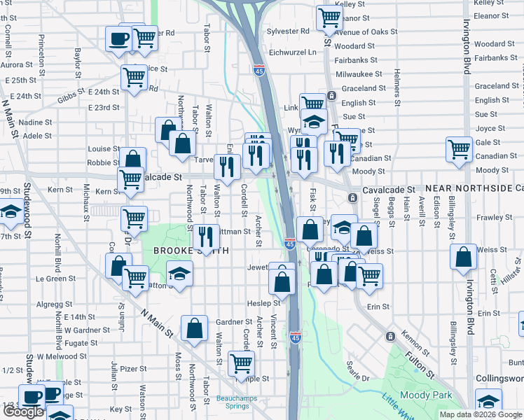 map of restaurants, bars, coffee shops, grocery stores, and more near 611 Mathis Street in Houston