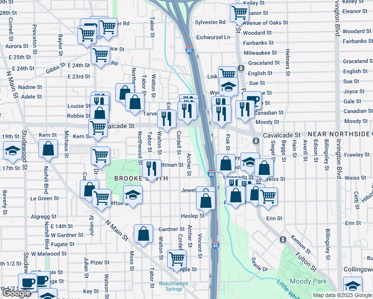 map of restaurants, bars, coffee shops, grocery stores, and more near 1202 Cordell Street in Houston